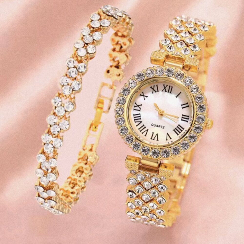 2pcs Gold Quartz & Bracelets Round Dial Quartz Watch Gift Set
